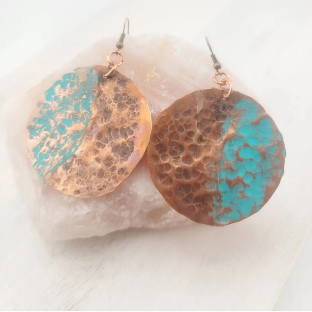 COPPER EARRINGS HANDMADE WITH BLUE & BROWN PATINA 2" APPROX - Picture 2 of 7